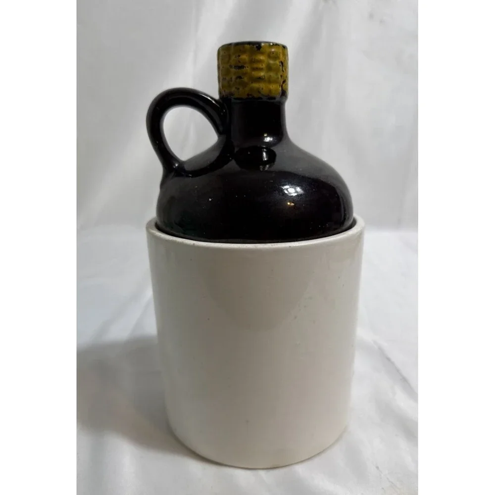 Vintage Big Brown Jug Decanter with Lid Stoneware Crazed Decoration